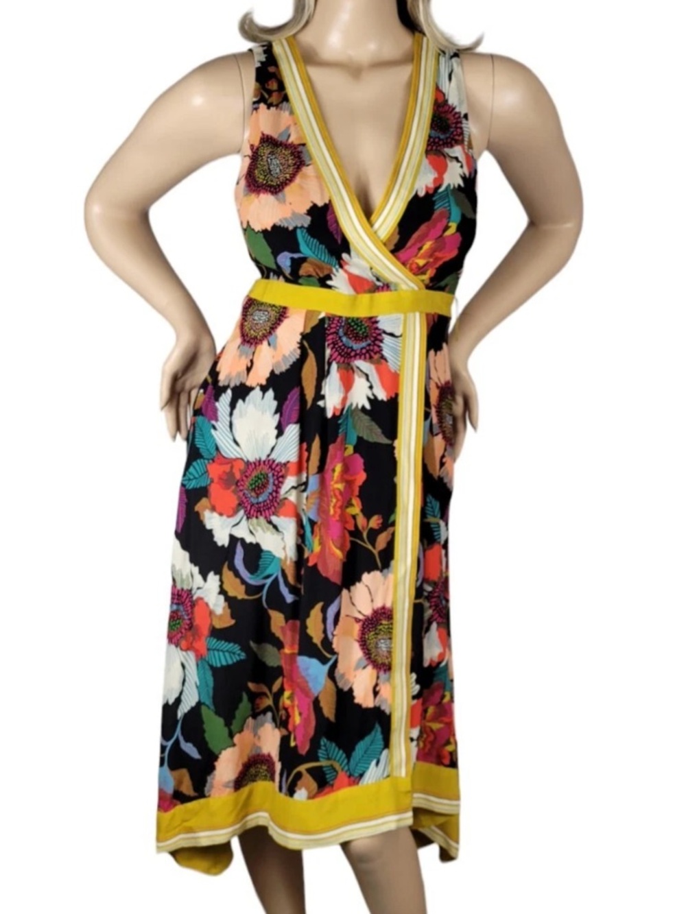 Anthropologie Black Floral Wrap Dress with Mustard Trim